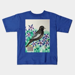 Colorado state bird and flower, the lark bunting and Rocky Mountain columbine Kids T-Shirt